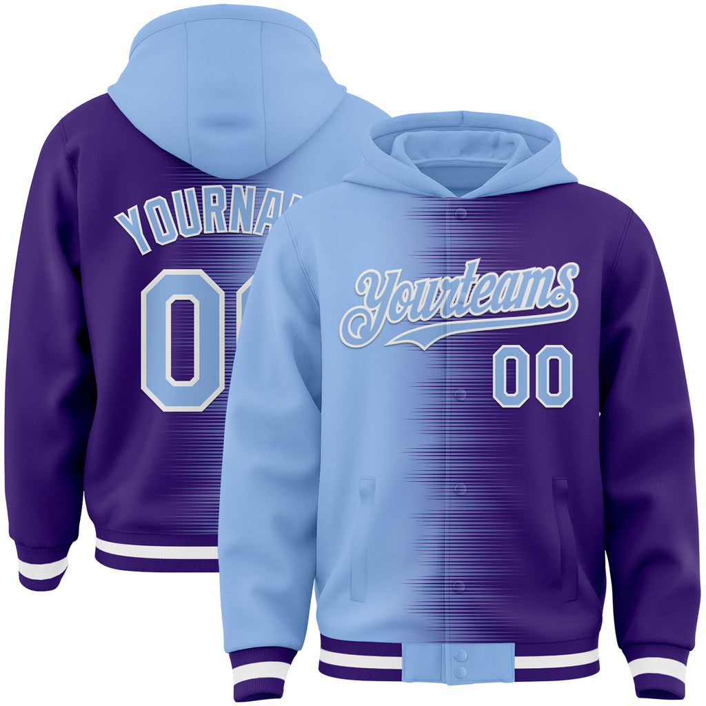 Custom Light Blue Purple-White Gradient Line Bomber Full-Snap Varsity Letterman Hoodie Jacket
