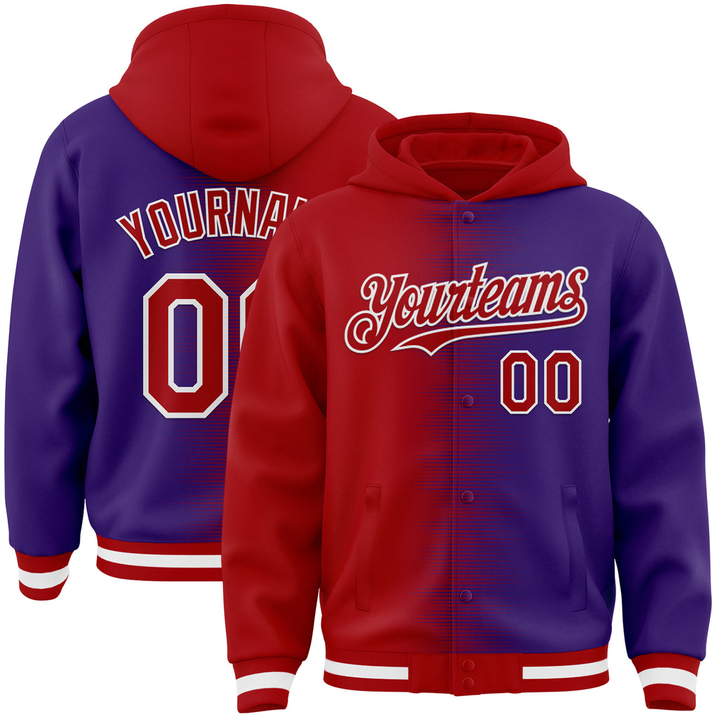 Custom Red Purple-White Gradient Line Bomber Full-Snap Varsity Letterman Hoodie Jacket