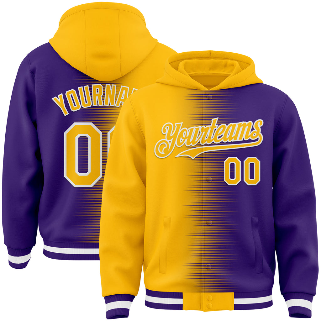Custom Gold Purple-White Gradient Line Bomber Full-Snap Varsity Letterman Hoodie Jacket