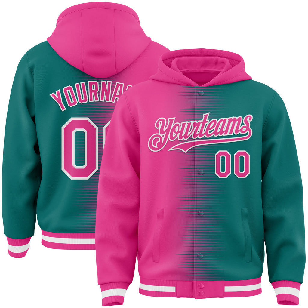 Custom Pink Teal-White Gradient Line Bomber Full-Snap Varsity Letterman Hoodie Jacket