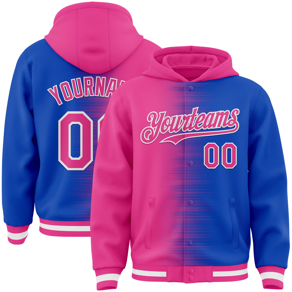Custom Pink Thunder Blue-White Gradient Line Bomber Full-Snap Varsity Letterman Hoodie Jacket