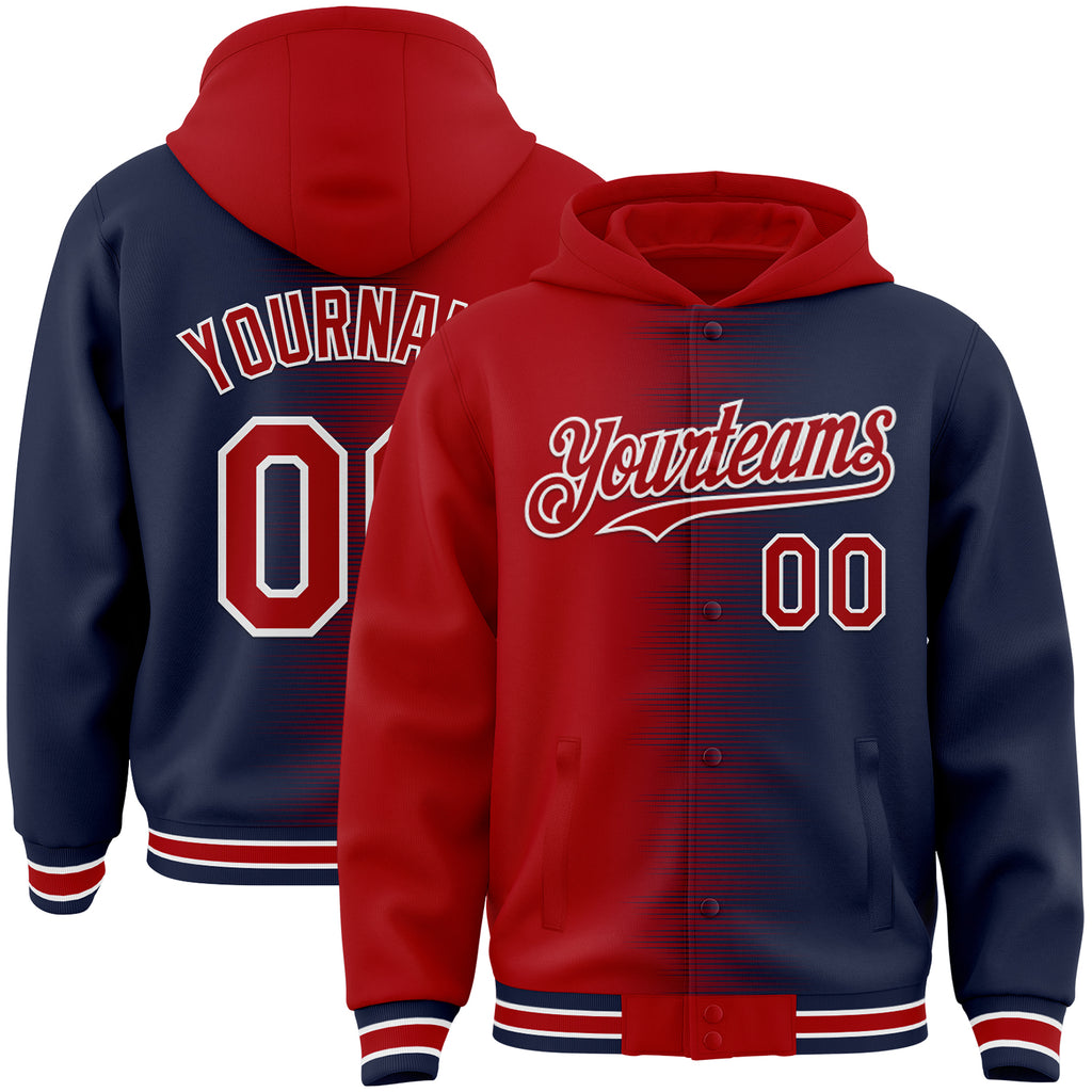 Custom Red Navy-White Gradient Line Bomber Full-Snap Varsity Letterman Hoodie Jacket