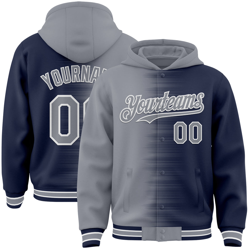 Custom Gray Navy-White Gradient Line Bomber Full-Snap Varsity Letterman Hoodie Jacket