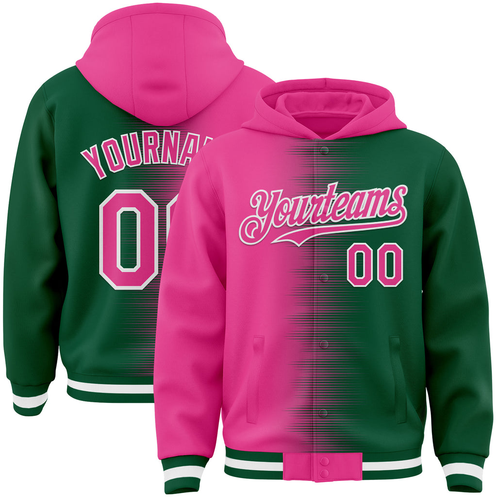 Custom Pink Kelly Green-White Gradient Line Bomber Full-Snap Varsity Letterman Hoodie Jacket