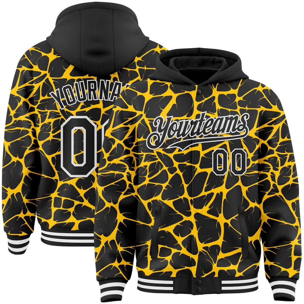 Custom Black Yellow-White Abstract Network 3D Pattern Design Bomber Full-Snap Varsity Letterman Hoodie Jacket