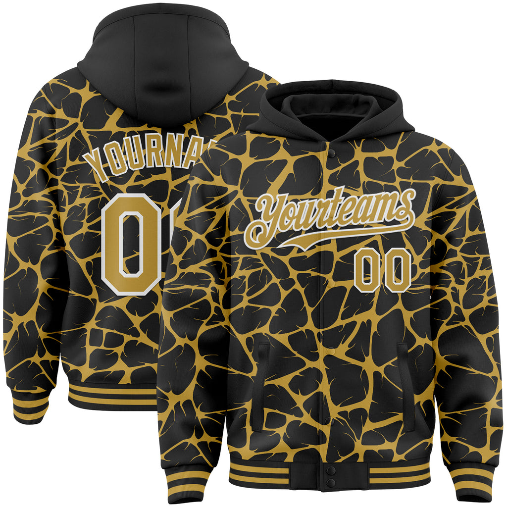 Custom Black Old Gold-White Abstract Network 3D Pattern Design Bomber Full-Snap Varsity Letterman Hoodie Jacket