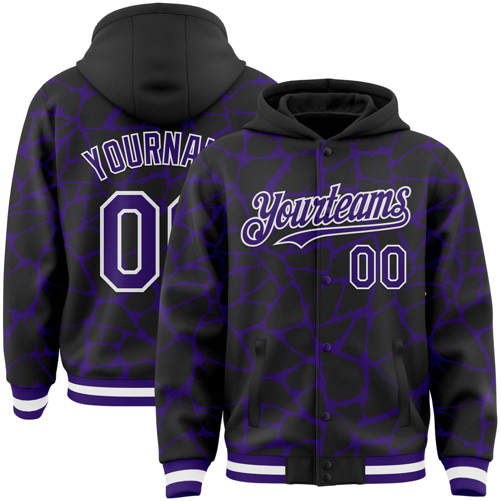 Custom Black Purple-White Abstract Network 3D Pattern Design Bomber Full-Snap Varsity Letterman Hoodie Jacket