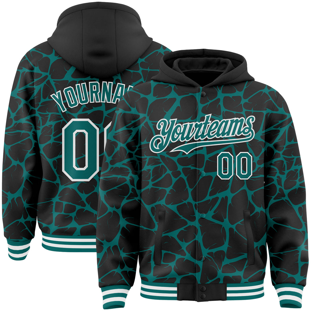 Custom Black Teal-White Abstract Network 3D Pattern Design Bomber Full-Snap Varsity Letterman Hoodie Jacket