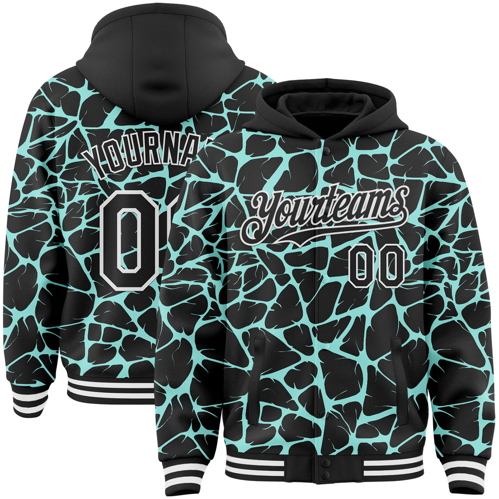 Custom Black Ice Blue-White Abstract Network 3D Pattern Design Bomber Full-Snap Varsity Letterman Hoodie Jacket