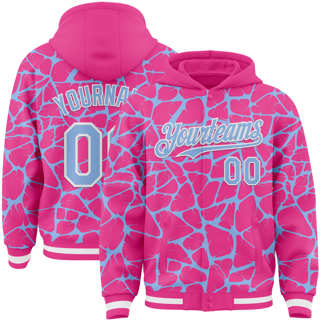 Custom Pink Light Blue-White Abstract Network 3D Pattern Design Bomber Full-Snap Varsity Letterman Hoodie Jacket