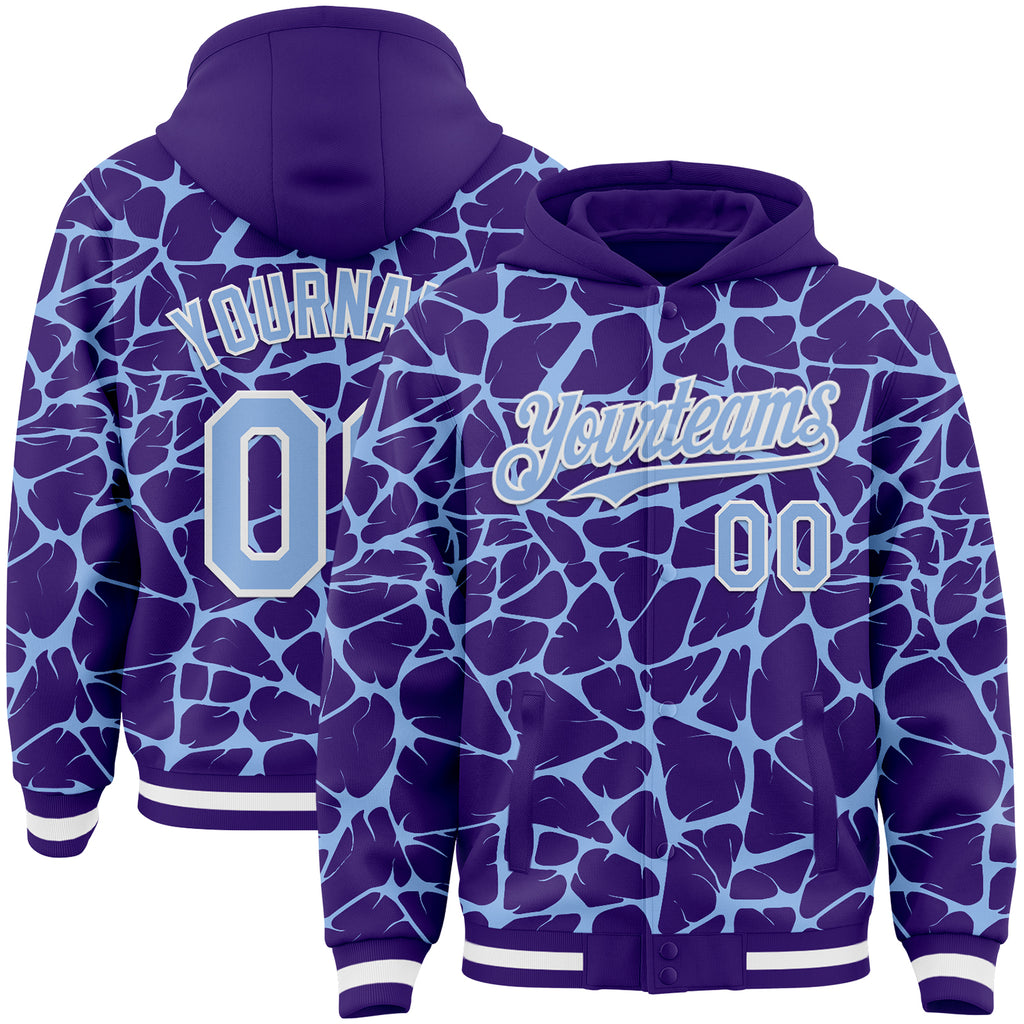 Custom Purple Light Blue-White Abstract Network 3D Pattern Design Bomber Full-Snap Varsity Letterman Hoodie Jacket