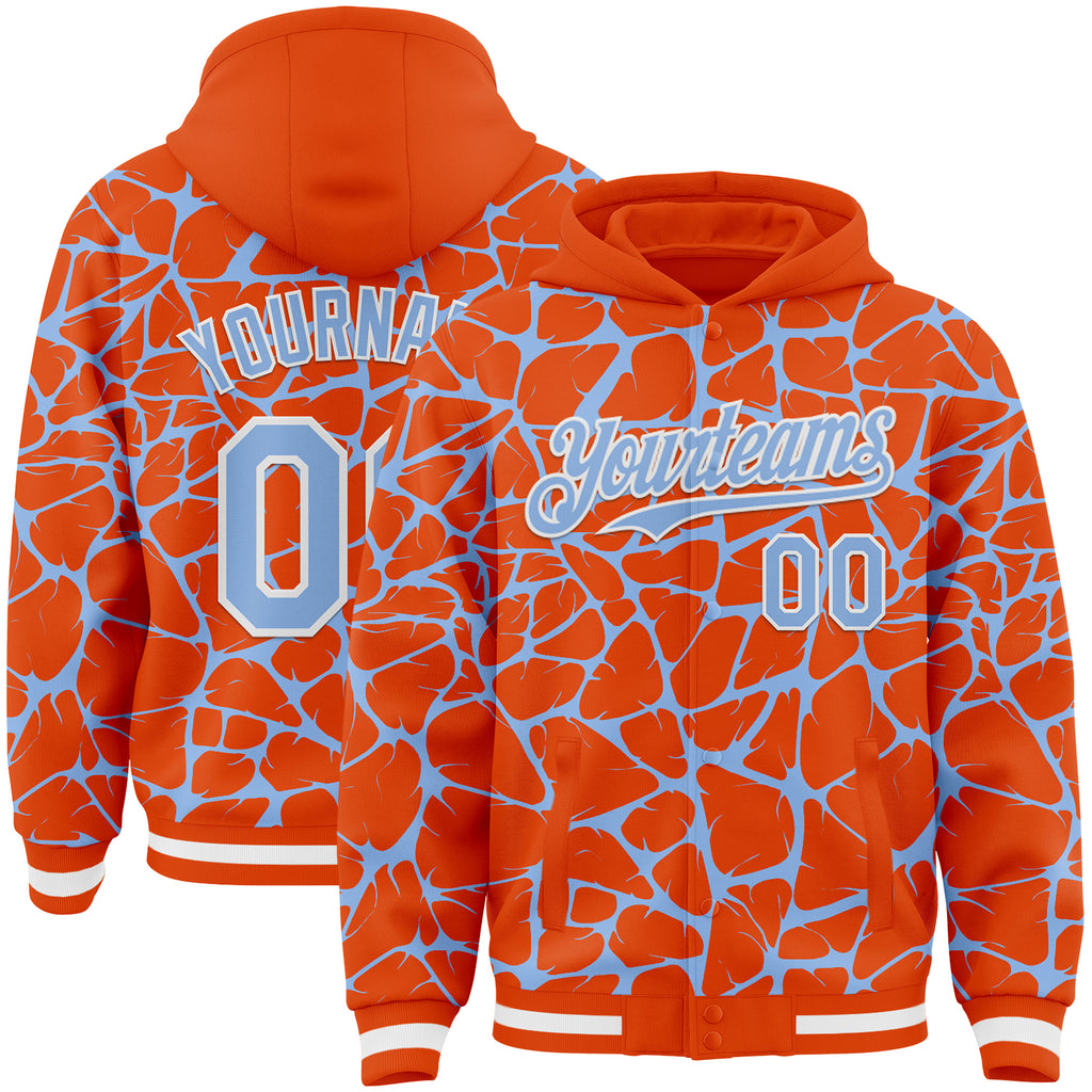 Custom Orange Light Blue-White Abstract Network 3D Pattern Design Bomber Full-Snap Varsity Letterman Hoodie Jacket