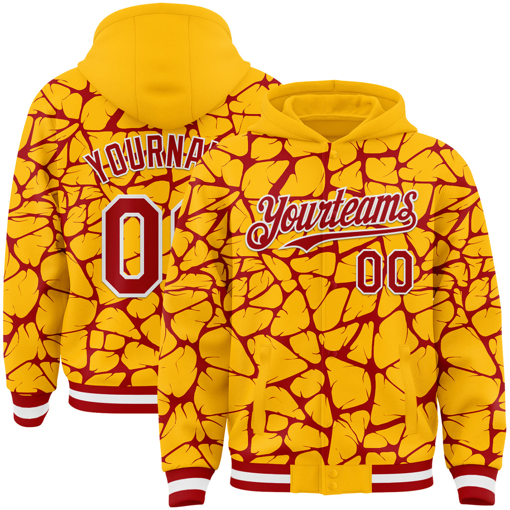 Custom Gold Red-White Abstract Network 3D Pattern Design Bomber Full-Snap Varsity Letterman Hoodie Jacket