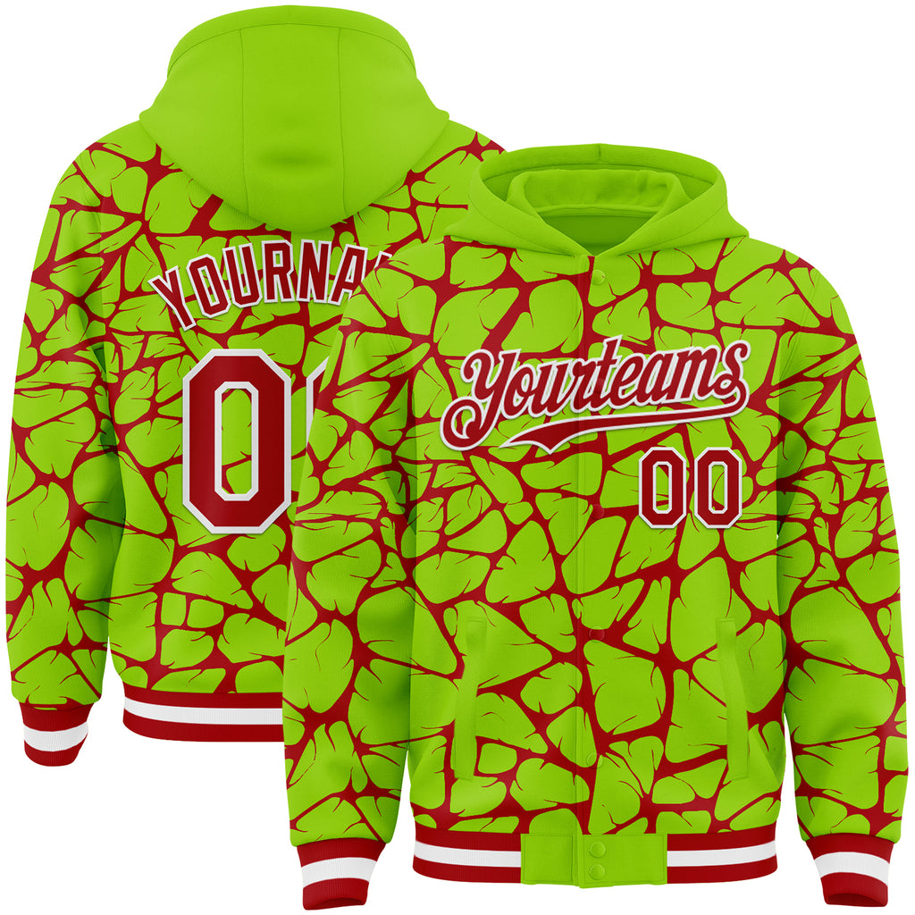 Custom Neon Green Red-White Abstract Network 3D Pattern Design Bomber Full-Snap Varsity Letterman Hoodie Jacket