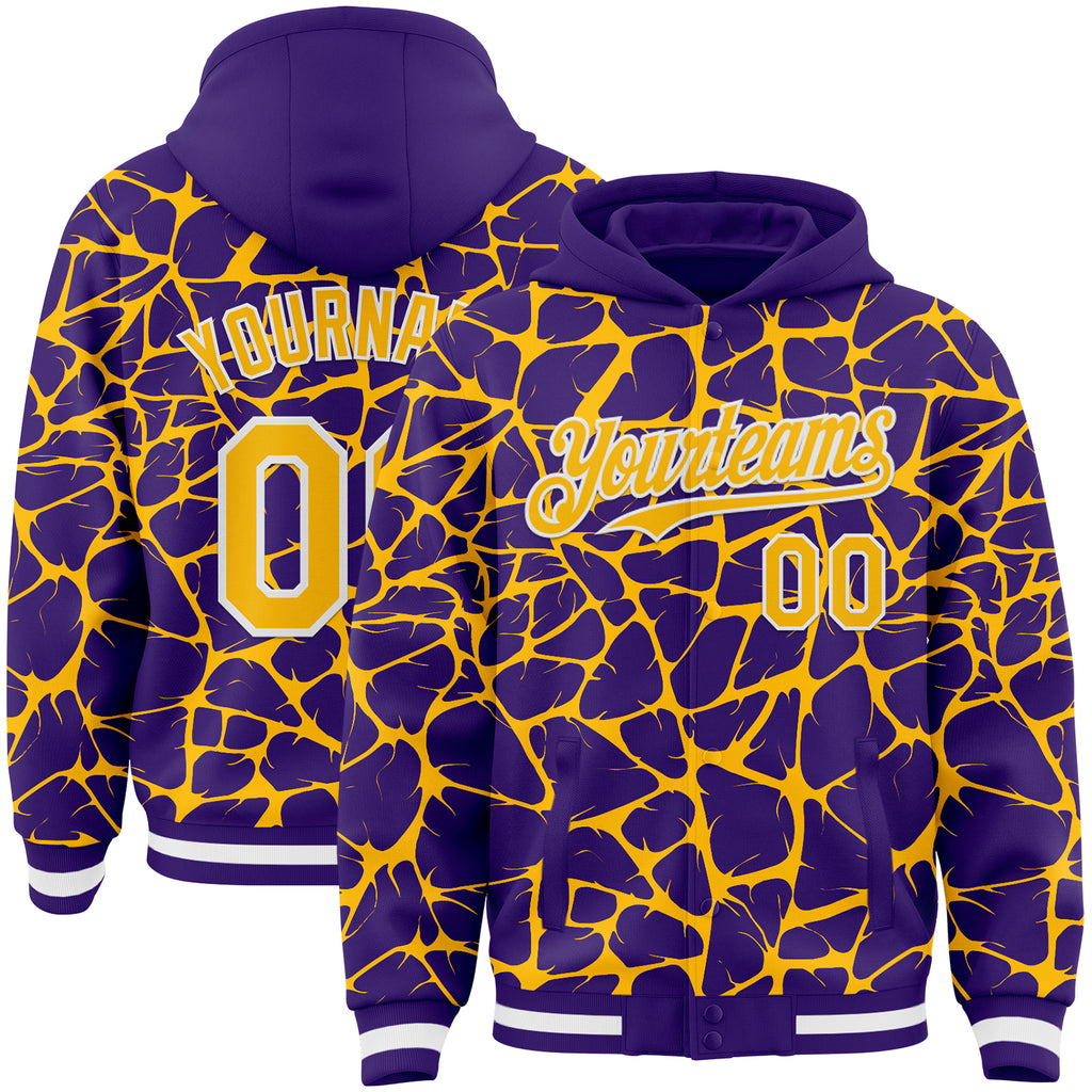 Custom Purple Gold-White Abstract Network 3D Pattern Design Bomber Full-Snap Varsity Letterman Hoodie Jacket