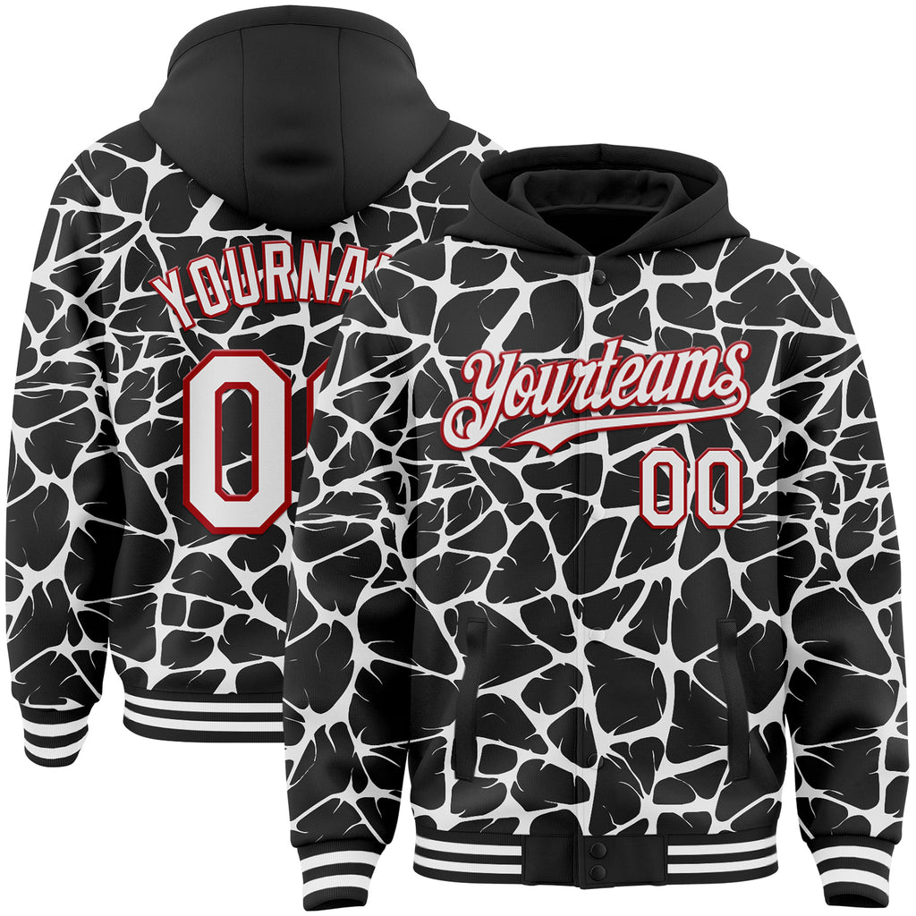 Custom Black White-Red Abstract Network 3D Pattern Design Bomber Full-Snap Varsity Letterman Hoodie Jacket