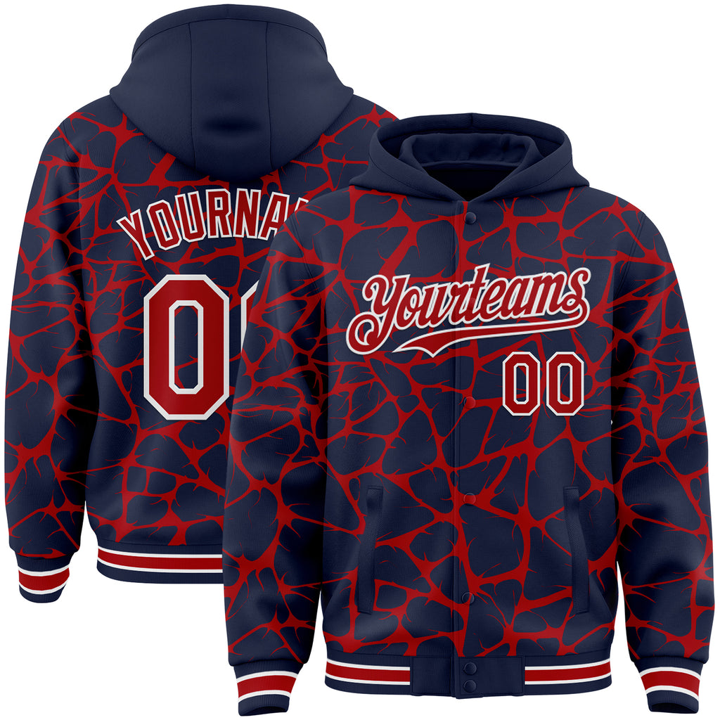 Custom Navy Red-White Abstract Network 3D Pattern Design Bomber Full-Snap Varsity Letterman Hoodie Jacket
