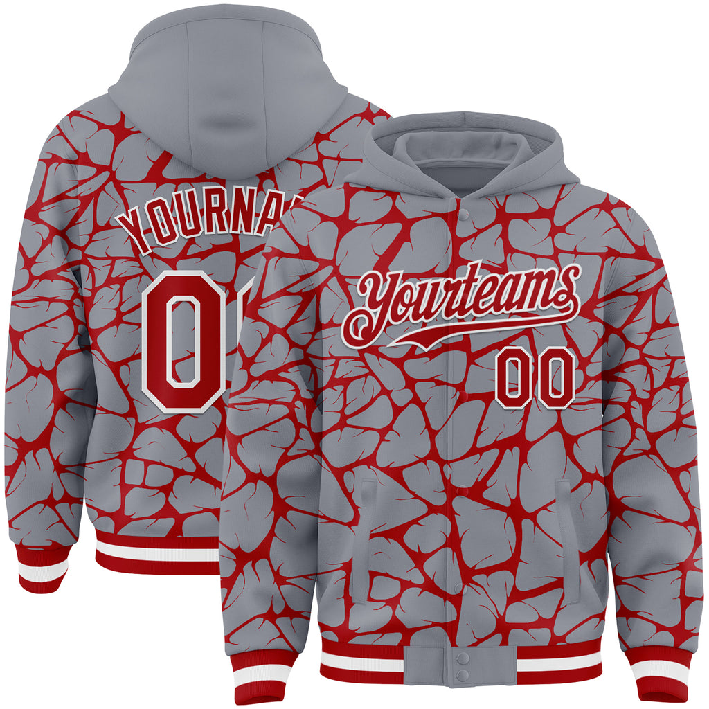 Custom Gray Red-White Abstract Network 3D Pattern Design Bomber Full-Snap Varsity Letterman Hoodie Jacket
