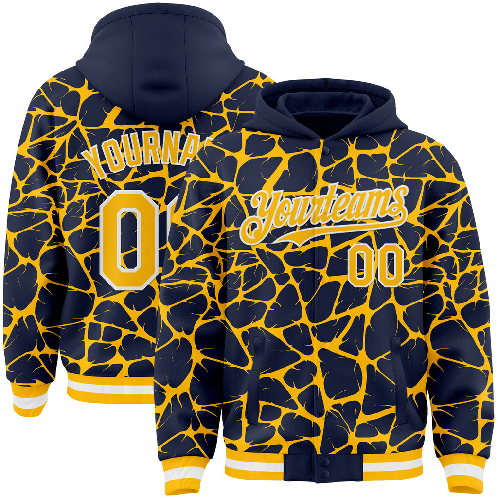 Custom Navy Gold-White Abstract Network 3D Pattern Design Bomber Full-Snap Varsity Letterman Hoodie Jacket