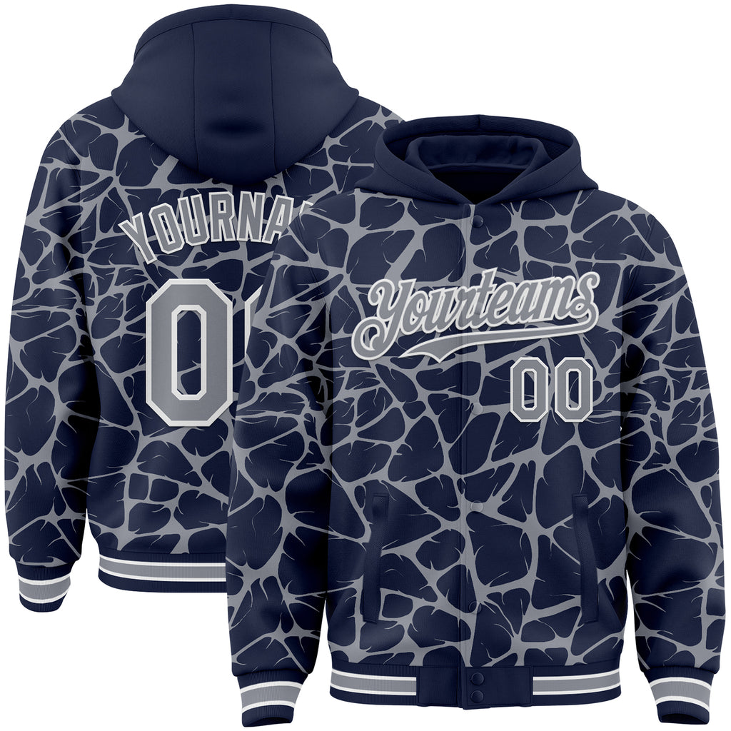 Custom Navy Gray-White Abstract Network 3D Pattern Design Bomber Full-Snap Varsity Letterman Hoodie Jacket
