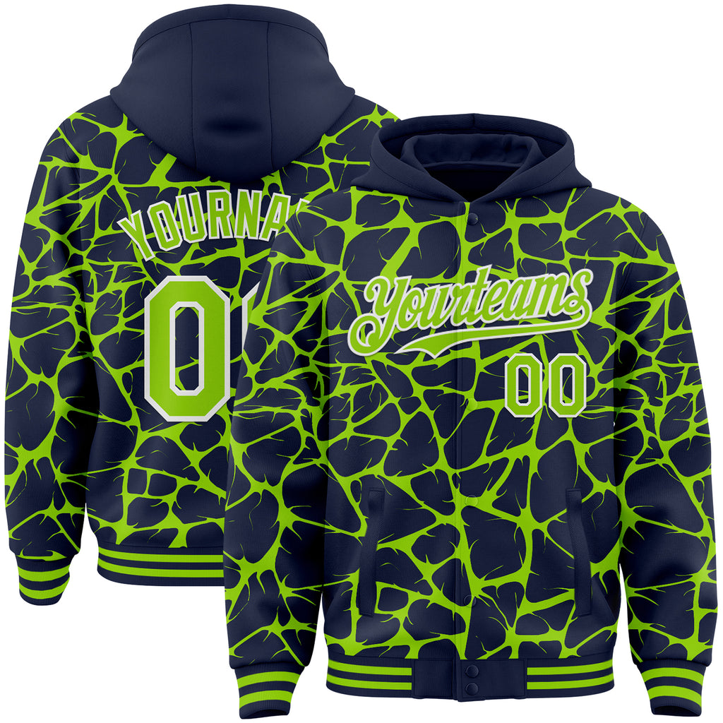 Custom Navy Neon Green-White Abstract Network 3D Pattern Design Bomber Full-Snap Varsity Letterman Hoodie Jacket