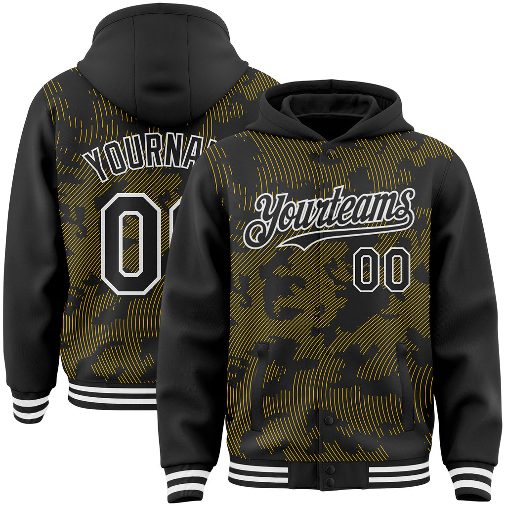 Custom Black Yellow-White Curve Lines 3D Pattern Design Bomber Full-Snap Varsity Letterman Hoodie Jacket
