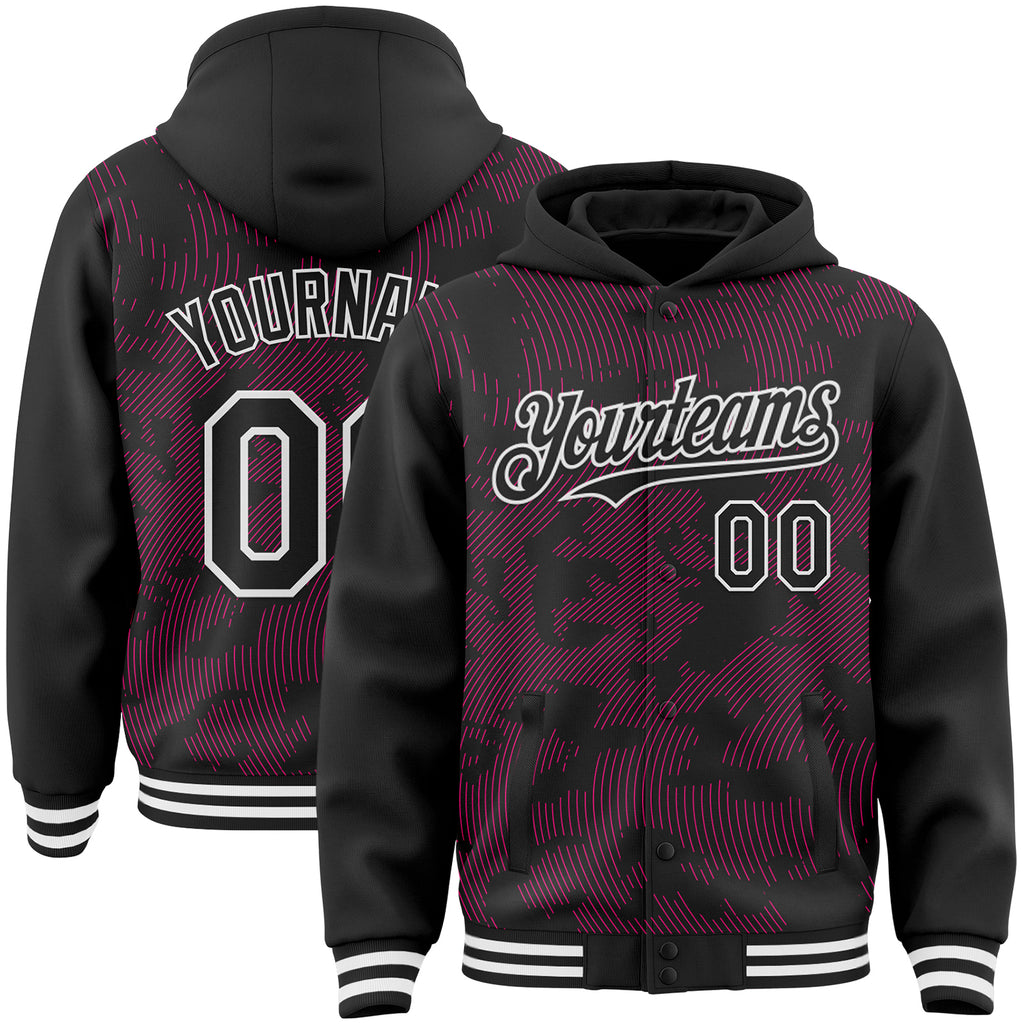 Custom Black Hot Pink-White Curve Lines 3D Pattern Design Bomber Full-Snap Varsity Letterman Hoodie Jacket