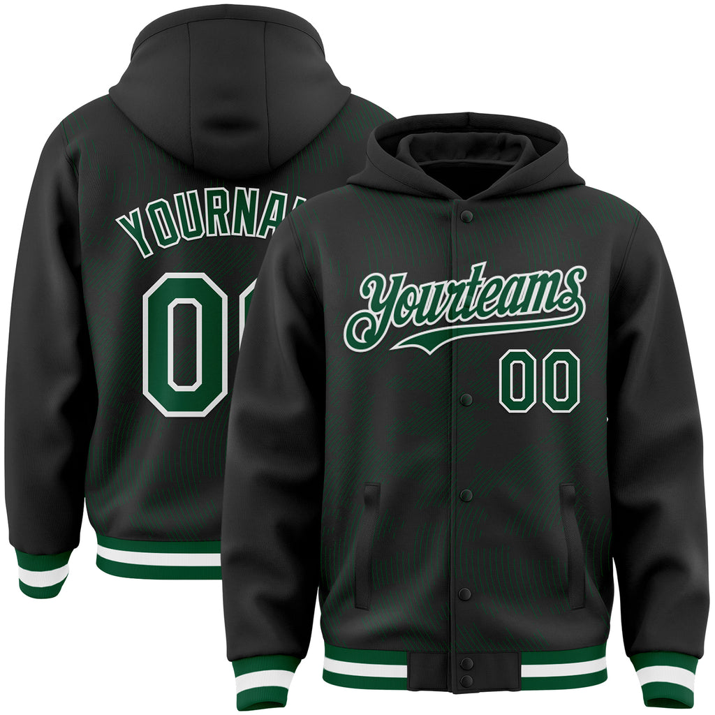 Custom Black Kelly Green-White Curve Lines 3D Pattern Design Bomber Full-Snap Varsity Letterman Hoodie Jacket
