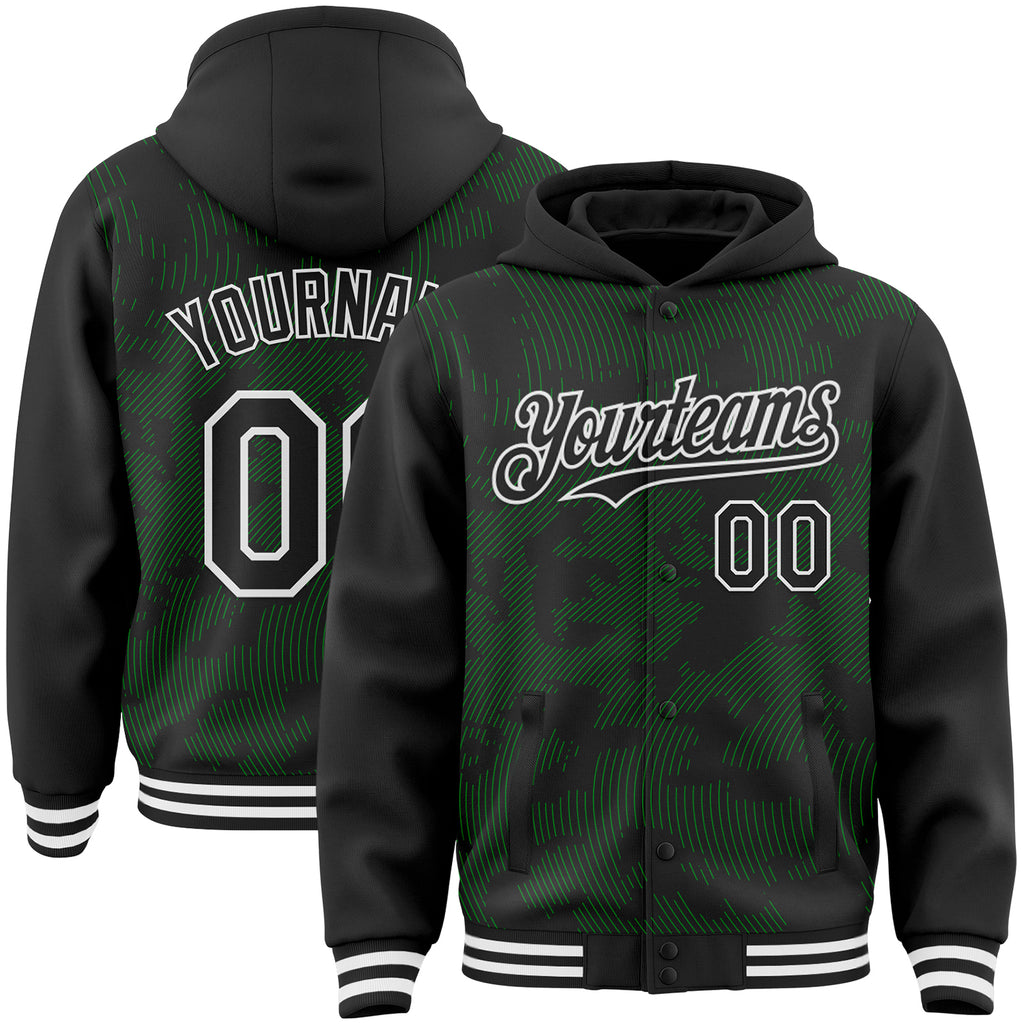Custom Black Grass Green-White Curve Lines 3D Pattern Design Bomber Full-Snap Varsity Letterman Hoodie Jacket
