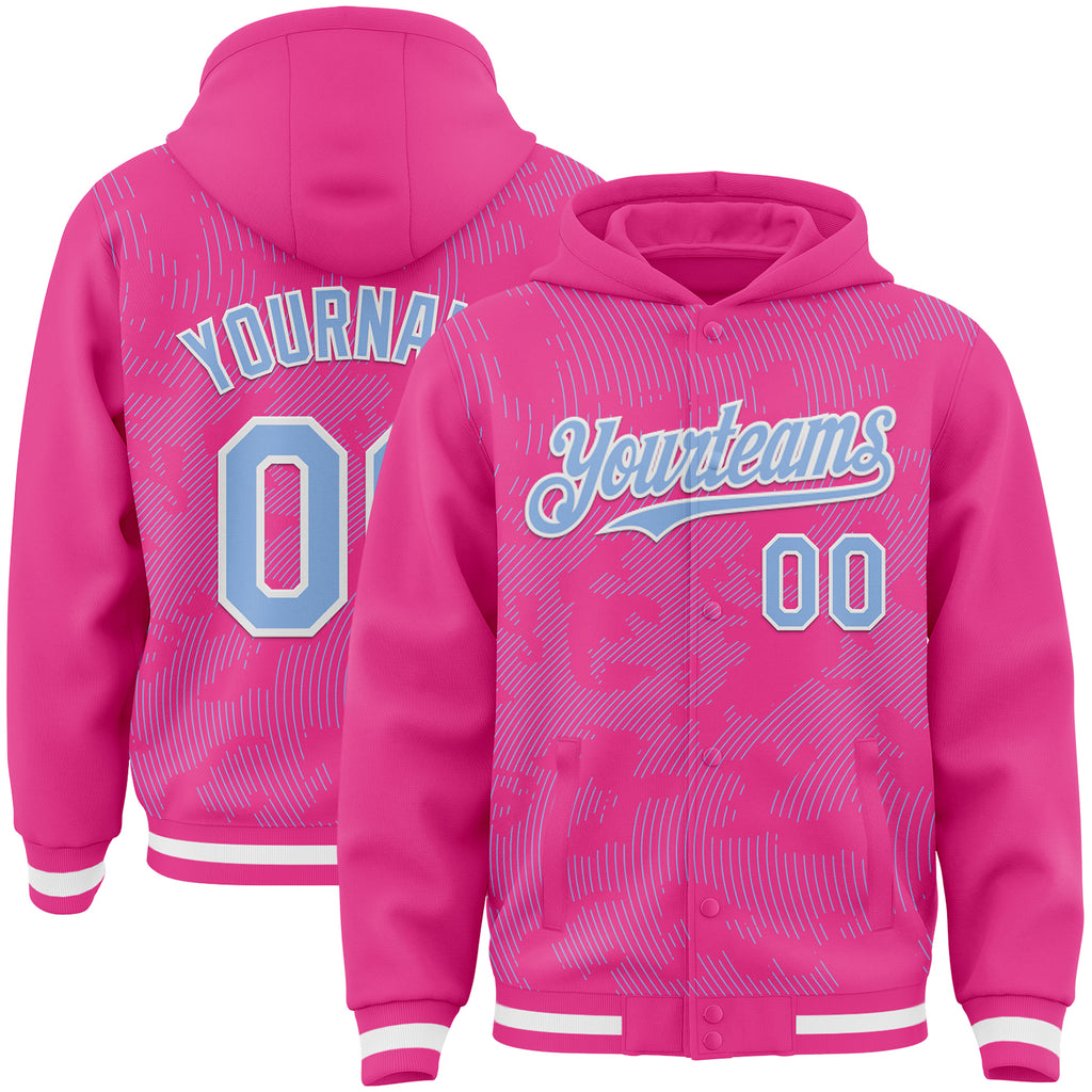 Custom Pink Light Blue-White Curve Lines 3D Pattern Design Bomber Full-Snap Varsity Letterman Hoodie Jacket