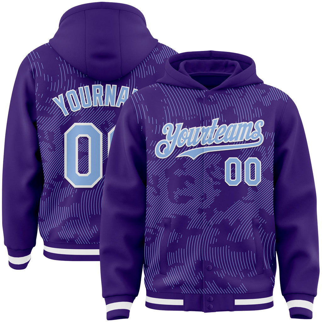 Custom Purple Light Blue-White Curve Lines 3D Pattern Design Bomber Full-Snap Varsity Letterman Hoodie Jacket