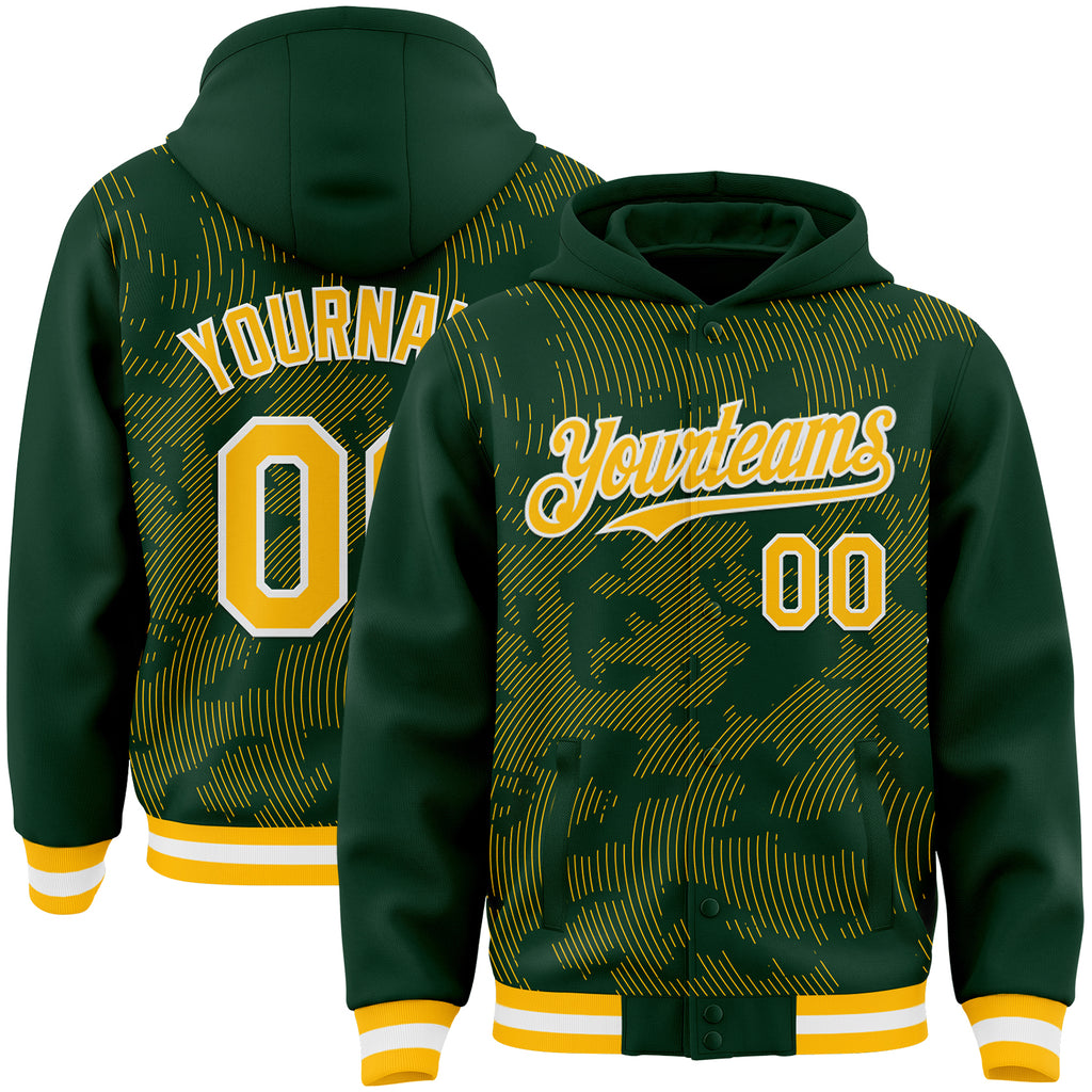 Custom Green Gold-White Curve Lines 3D Pattern Design Bomber Full-Snap Varsity Letterman Hoodie Jacket