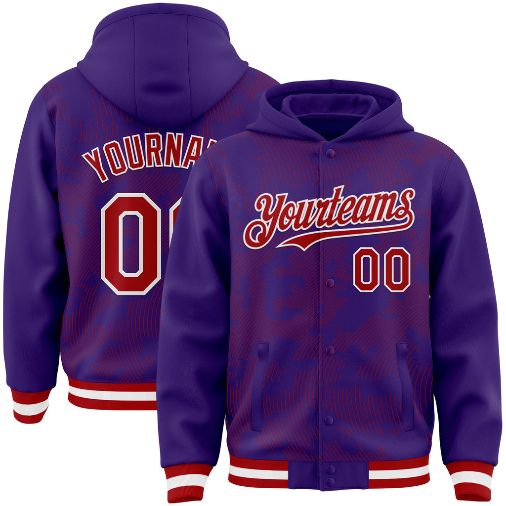 Custom Purple Red-White Curve Lines 3D Pattern Design Bomber Full-Snap Varsity Letterman Hoodie Jacket