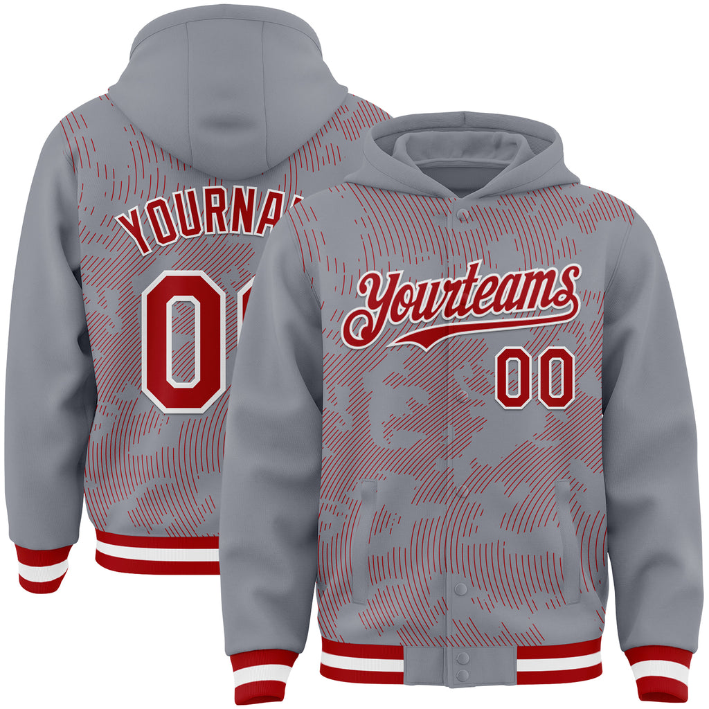 Custom Gray Red-White Curve Lines 3D Pattern Design Bomber Full-Snap Varsity Letterman Hoodie Jacket
