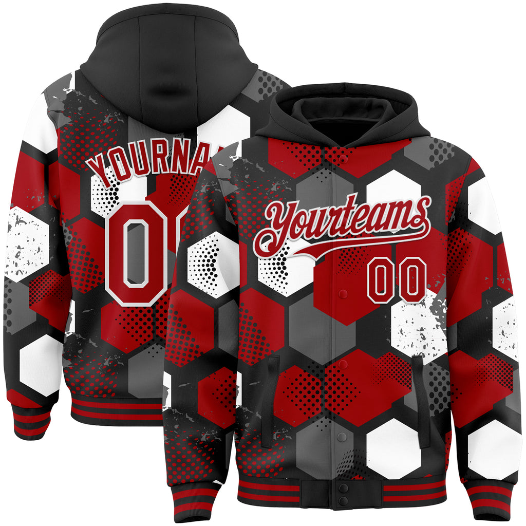 Custom Black Red-White Geometric Shape 3D Pattern Design Bomber Full-Snap Varsity Letterman Hoodie Jacket