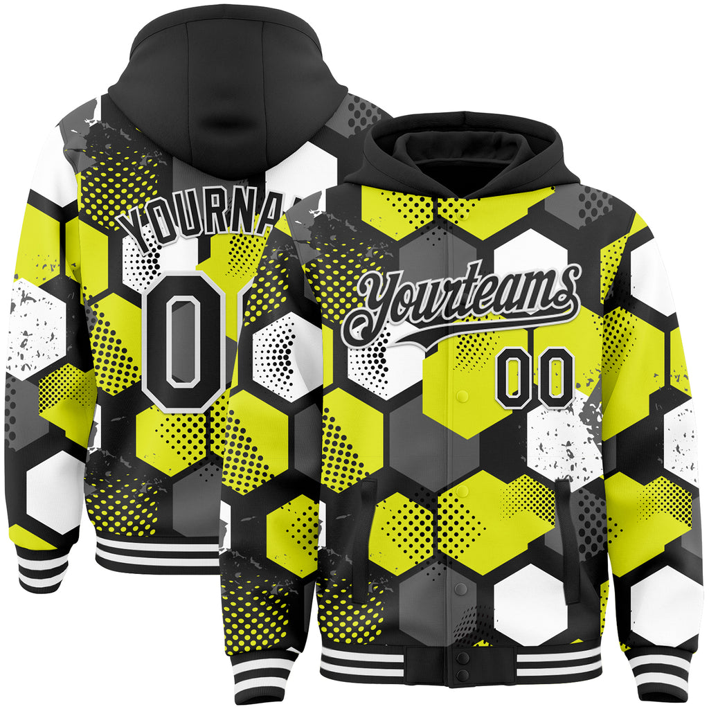 Custom Black Neon Yellow-White Geometric Shape 3D Pattern Design Bomber Full-Snap Varsity Letterman Hoodie Jacket
