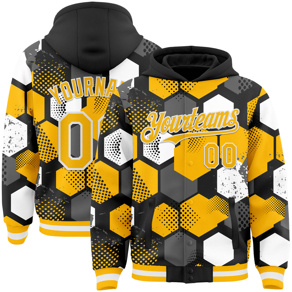 Custom Black Gold-White Geometric Shape 3D Pattern Design Bomber Full-Snap Varsity Letterman Hoodie Jacket
