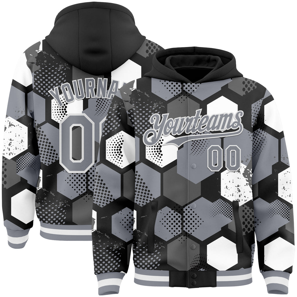 Custom Black Gray-White Geometric Shape 3D Pattern Design Bomber Full-Snap Varsity Letterman Hoodie Jacket