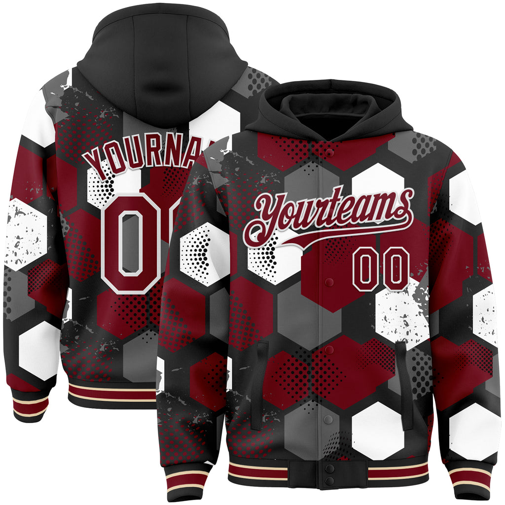Custom Black Crimson-White Geometric Shape 3D Pattern Design Bomber Full-Snap Varsity Letterman Hoodie Jacket