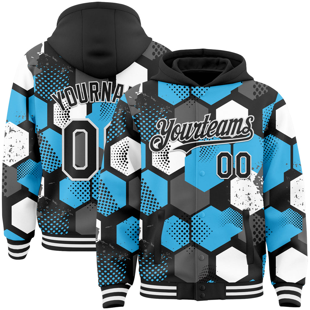 Custom Black Sky Blue-White Geometric Shape 3D Pattern Design Bomber Full-Snap Varsity Letterman Hoodie Jacket