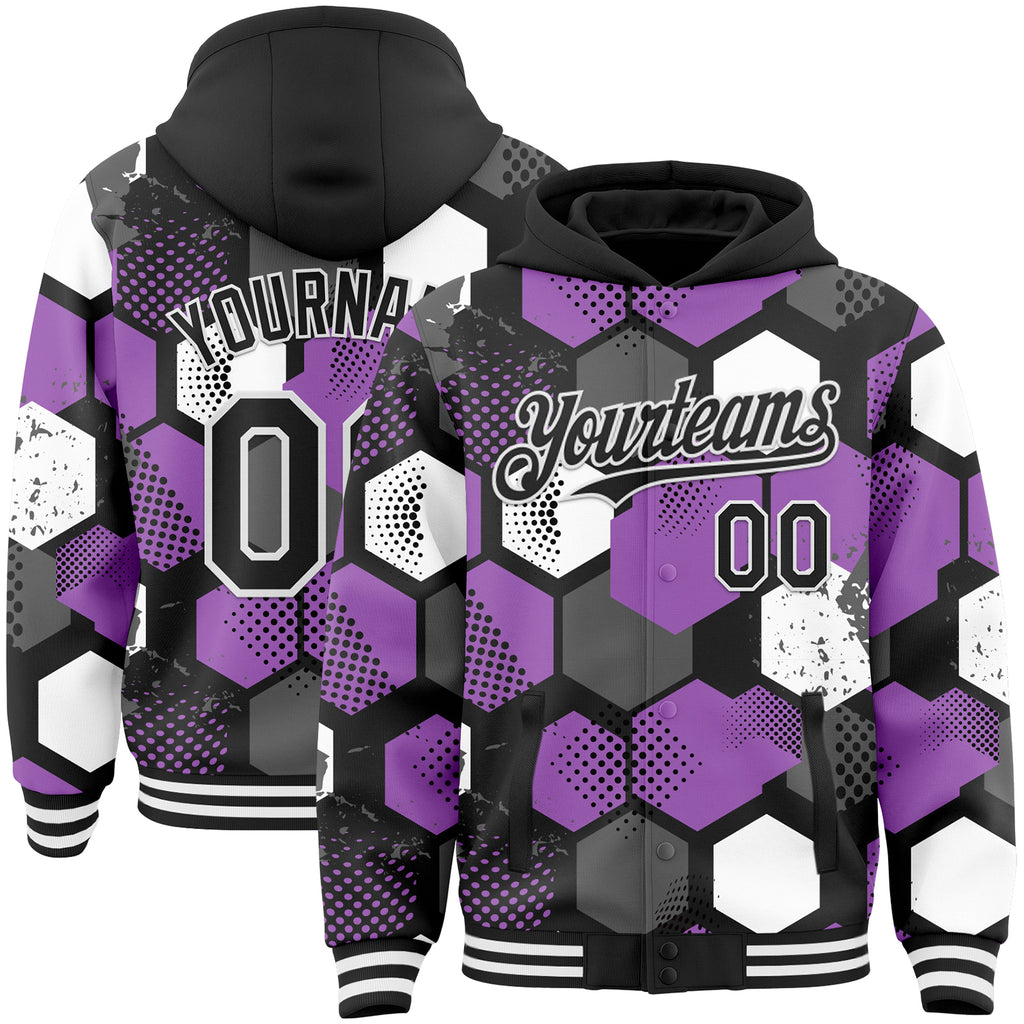 Custom Black Medium Purple-White Geometric Shape 3D Pattern Design Bomber Full-Snap Varsity Letterman Hoodie Jacket