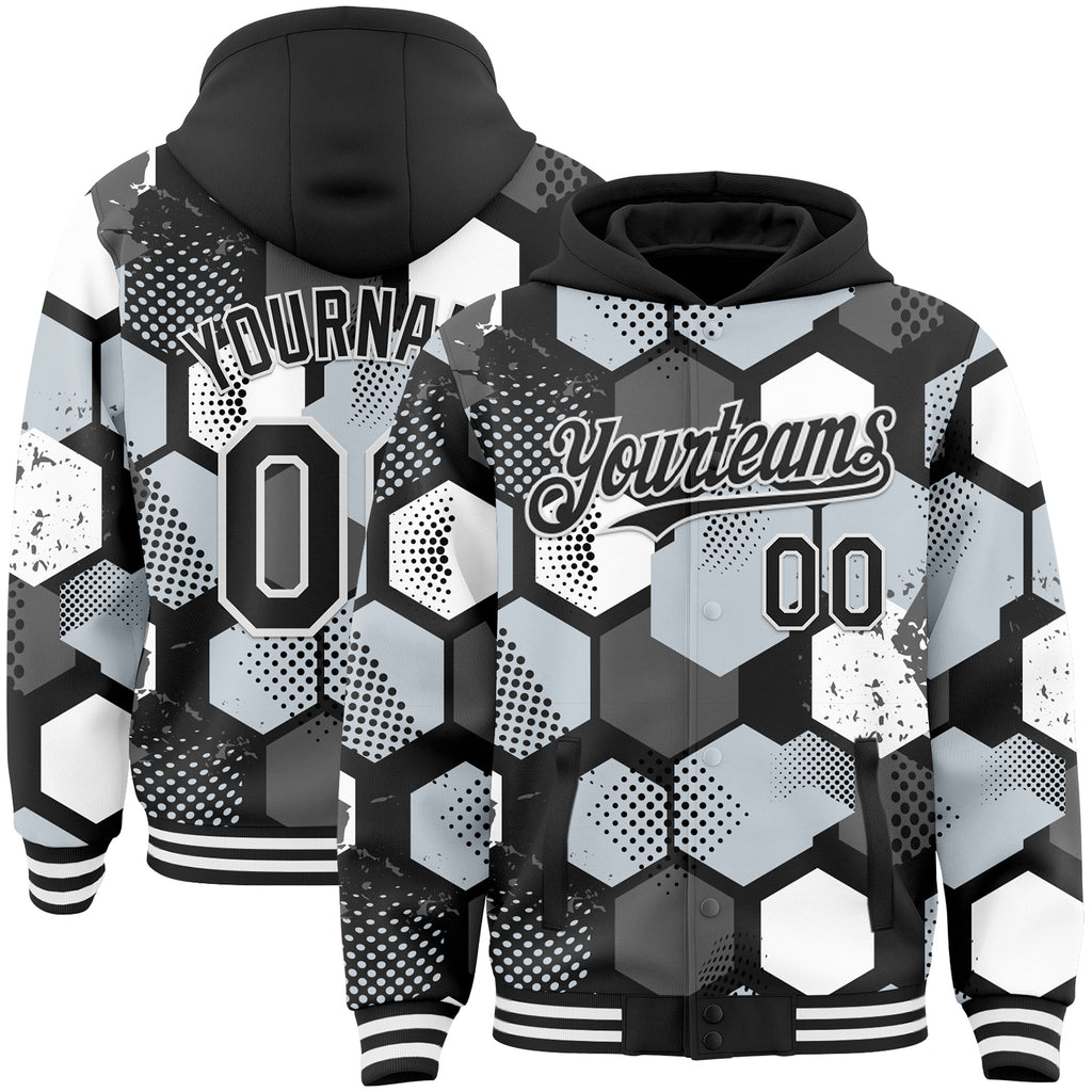Custom Black Silver-White Geometric Shape 3D Pattern Design Bomber Full-Snap Varsity Letterman Hoodie Jacket