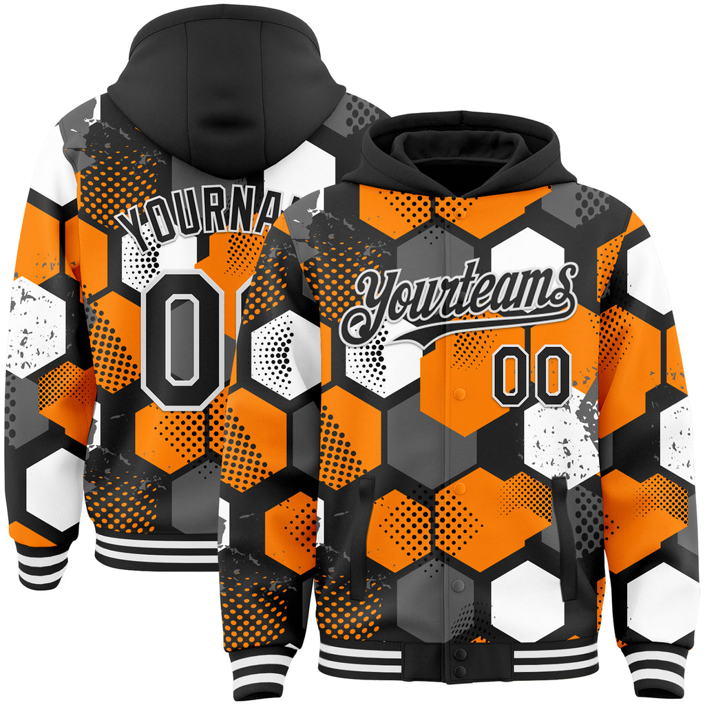 Custom Black Bay Orange-White Geometric Shape 3D Pattern Design Bomber Full-Snap Varsity Letterman Hoodie Jacket