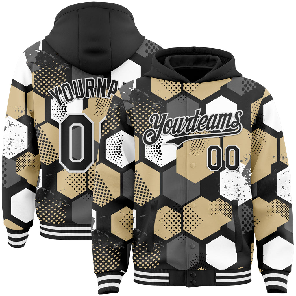 Custom Black Vegas Gold-White Geometric Shape 3D Pattern Design Bomber Full-Snap Varsity Letterman Hoodie Jacket