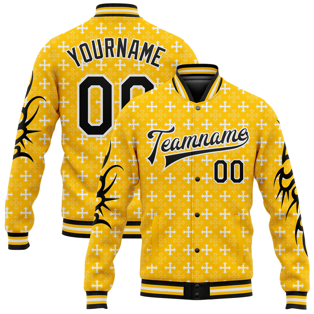 Custom Gold Black-White Gothic Crosses 3D Pattern Design Bomber Full-Snap Varsity Letterman Jacket