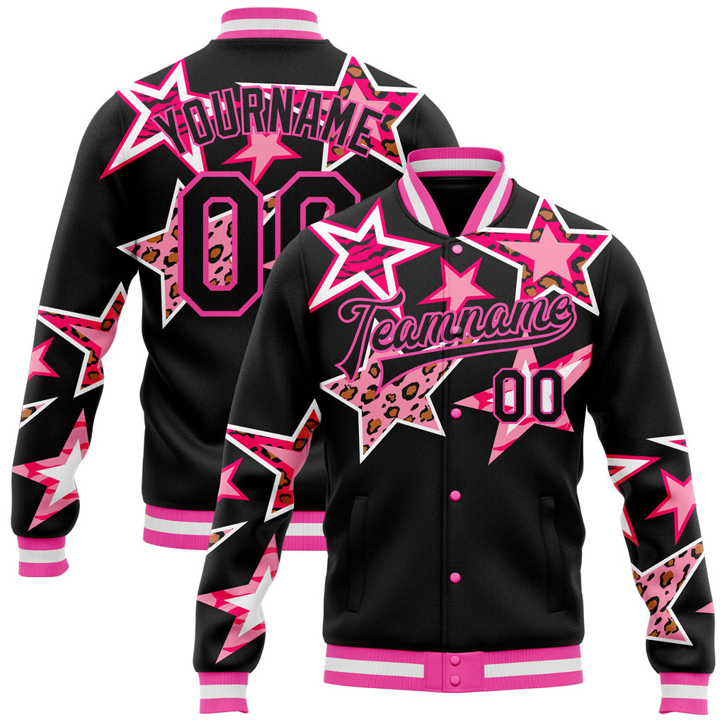 Custom Black Pink Y2K Stars 3D Pattern Design Bomber Full-Snap Varsity Letterman Jacket