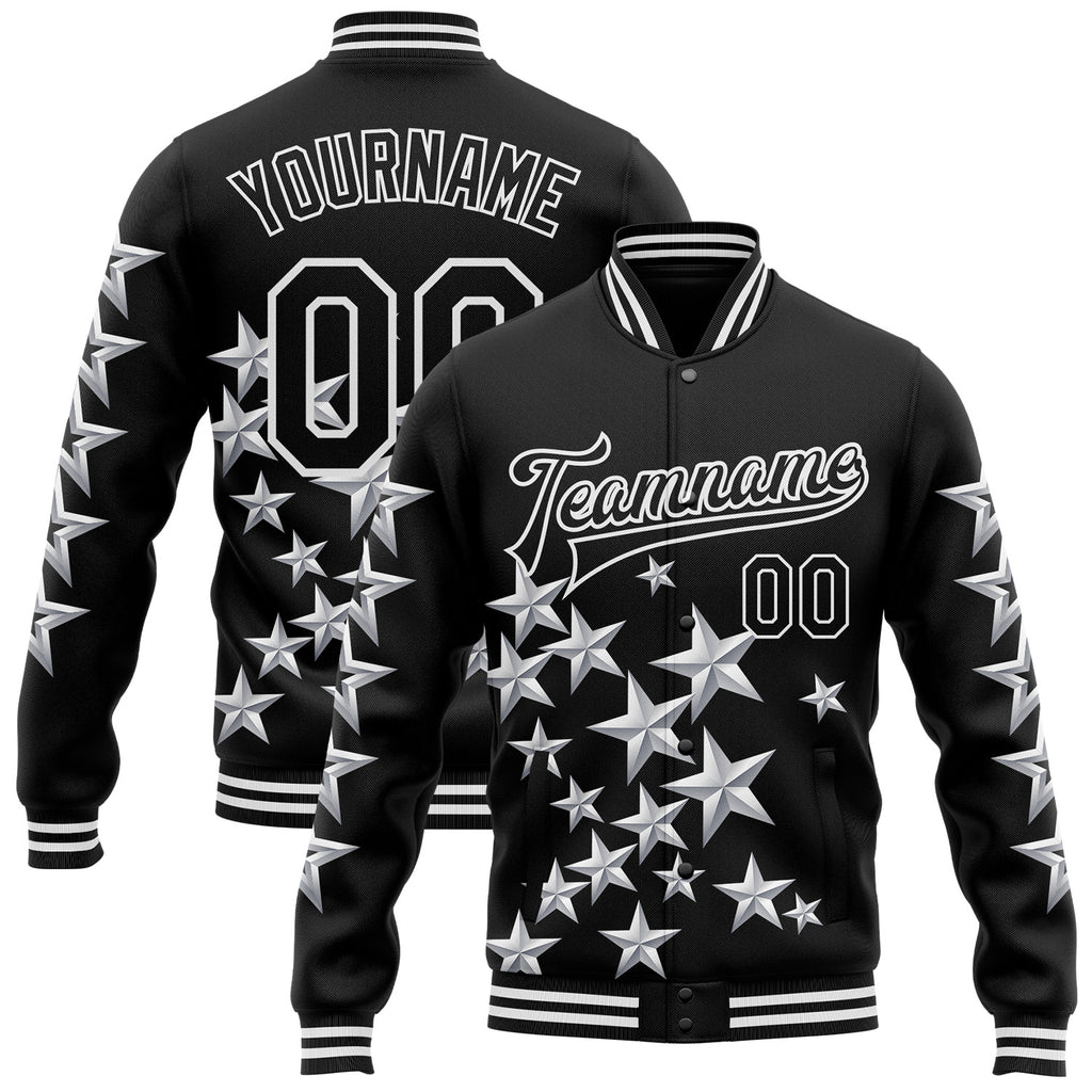 Custom Black White Y2K Stars 3D Pattern Design Bomber Full-Snap Varsity Letterman Jacket