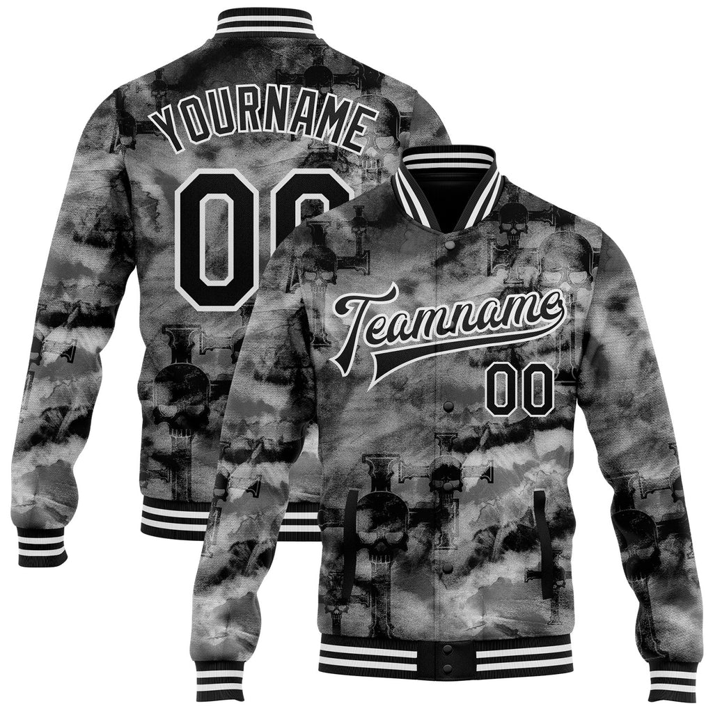 Custom Tie Dye Black-White Gothic Crosses 3D Bomber Full-Snap Varsity Letterman Jacket