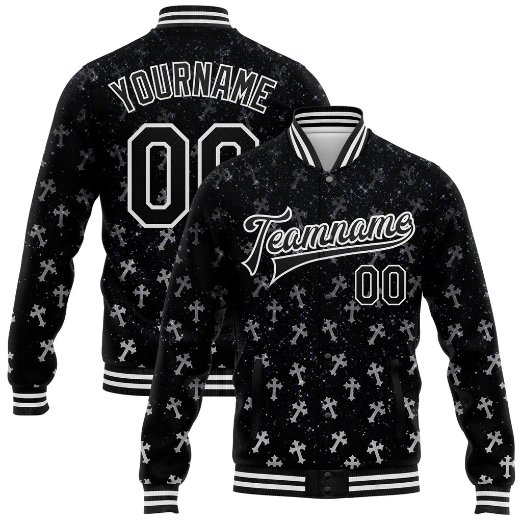 Custom Black White Gothic Glitter Crosses 3D Pattern Design Bomber Full-Snap Varsity Letterman Jacket