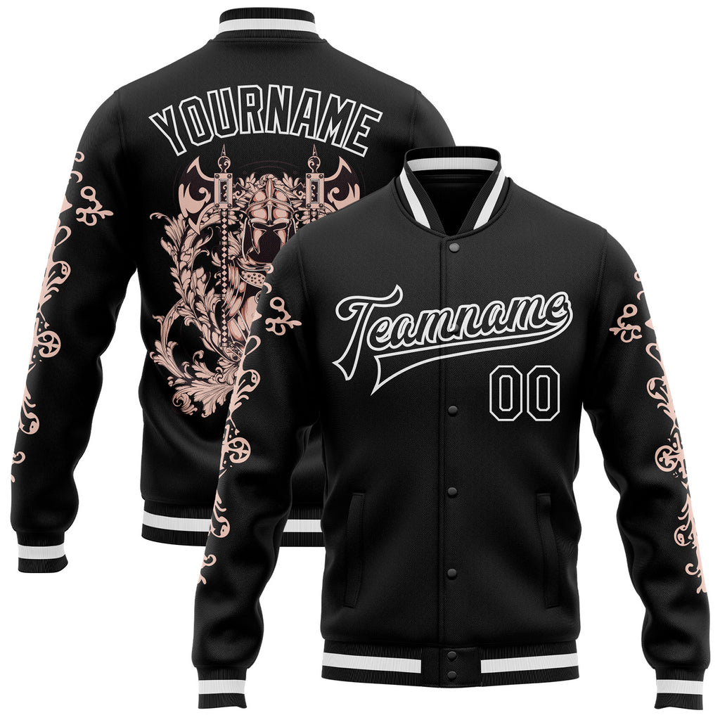 Custom Black White Gothic Skull 3D Pattern Design Bomber Full-Snap Varsity Letterman Jacket